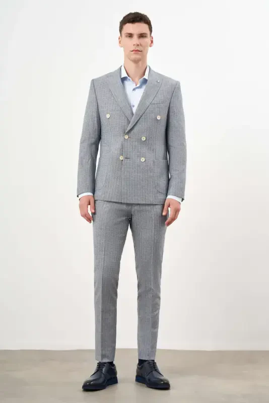 Modazone Erkak Lachivert Keten Trend Kruvaze Slim Fit Sivri Yaka Takim Elbise - 3