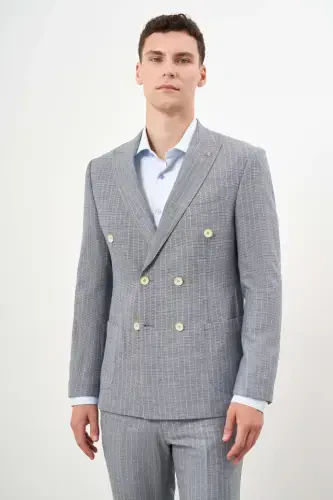 Modazone Erkak Lachivert Keten Trend Kruvaze Slim Fit Sivri Yaka Takim Elbise - 5