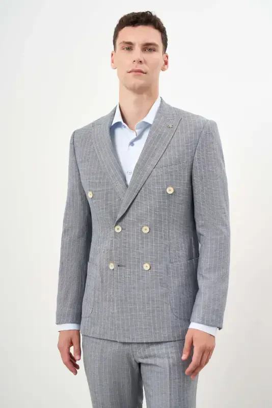 Modazone Erkak Lachivert Keten Trend Kruvaze Slim Fit Sivri Yaka Takim Elbise - 5