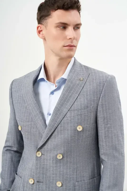 Modazone Erkak Lachivert Keten Trend Kruvaze Slim Fit Sivri Yaka Takim Elbise - 6