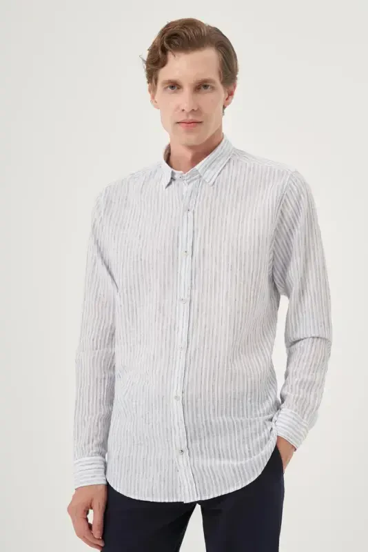 Modazone Erkak Lacivert Keten Trend Dynamic Fit Britli Yoqa Ko'ylak - 1