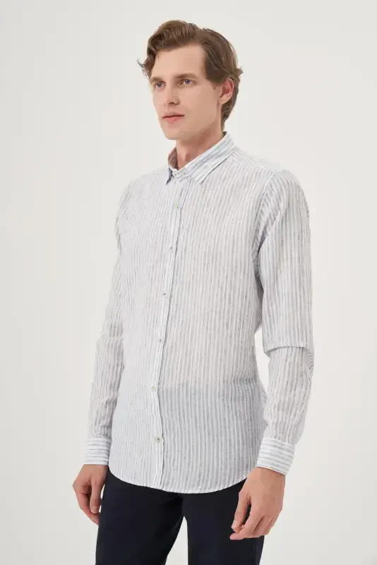 Modazone Erkak Lacivert Keten Trend Dynamic Fit Britli Yoqa Ko'ylak - 3