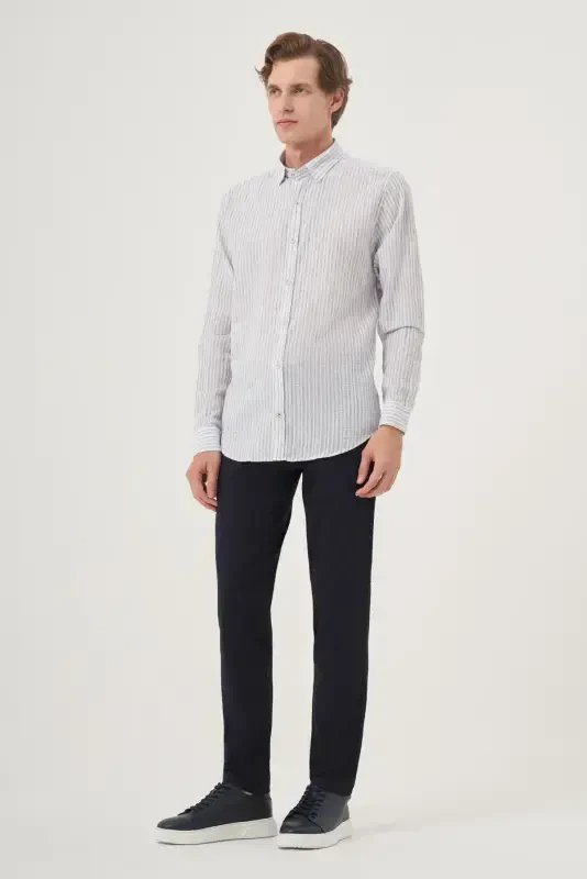 Modazone Erkak Lacivert Keten Trend Dynamic Fit Britli Yoqa Ko'ylak - 4