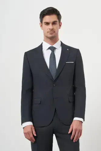 Modazone Erkak Lacivert Poliviskon Basic Jakar Desen Slim Fit Sivri Yaka Takım Elbise - 1