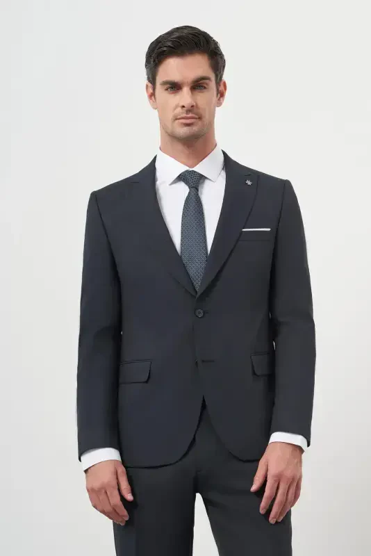 Modazone Erkak Lacivert Poliviskon Basic Jakar Desen Slim Fit Sivri Yaka Takım Elbise - 1