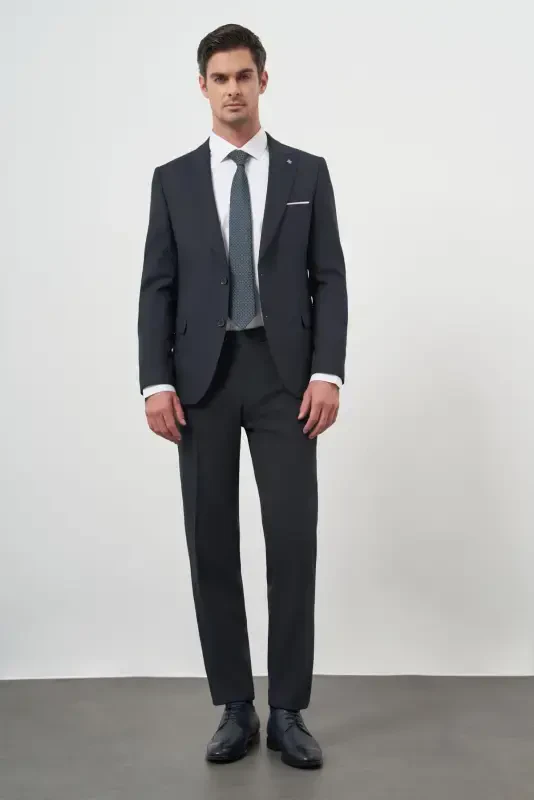 Modazone Erkak Lacivert Poliviskon Basic Jakar Desen Slim Fit Sivri Yaka Takım Elbise - 4