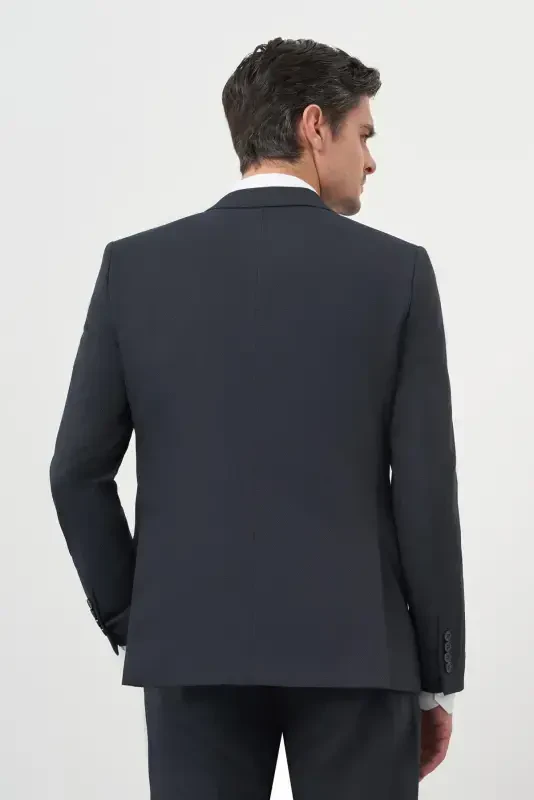 Modazone Erkak Lacivert Poliviskon Basic Jakar Desen Slim Fit Sivri Yaka Takım Elbise - 5