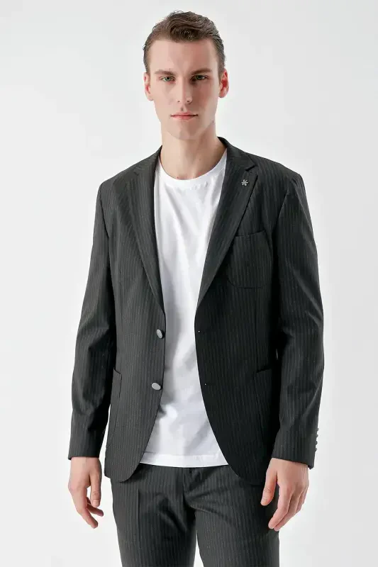 Modazone Erkak Lacivert Poliviskon Trend Chiziqli Desen Slim Fit Mono Yoqa Takım Elbise - 2