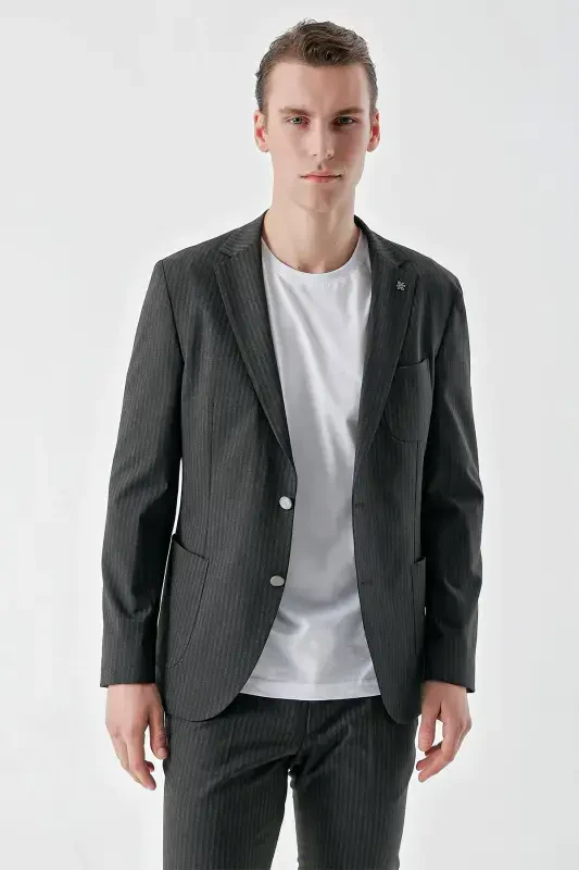 Modazone Erkak Lacivert Poliviskon Trend Chiziqli Desen Slim Fit Mono Yoqa Takım Elbise - 3