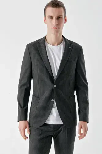 Modazone Erkak Lacivert Poliviskon Trend Chiziqli Desen Slim Fit Mono Yoqa Takım Elbise - 5