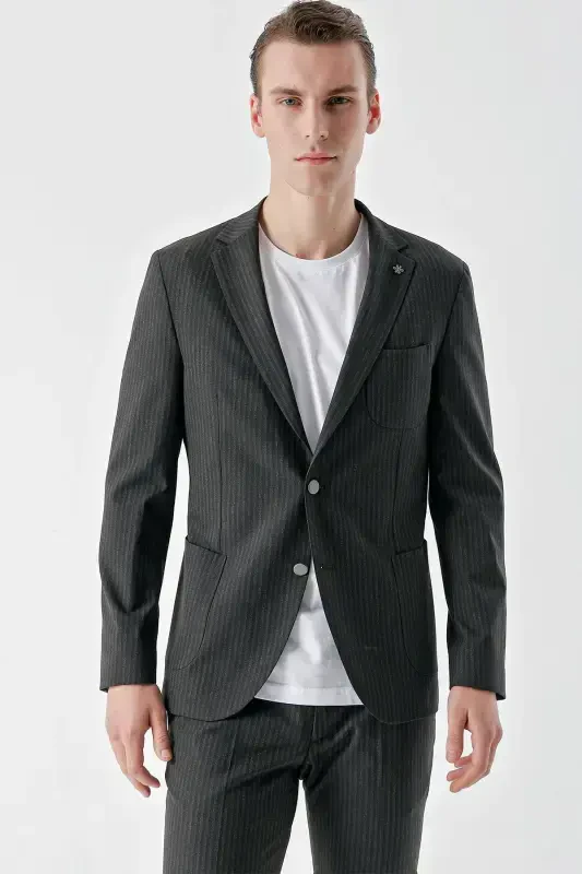 Modazone Erkak Lacivert Poliviskon Trend Chiziqli Desen Slim Fit Mono Yoqa Takım Elbise - 5