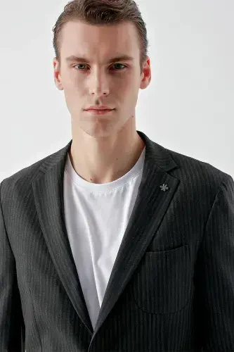 Modazone Erkak Lacivert Poliviskon Trend Chiziqli Desen Slim Fit Mono Yoqa Takım Elbise - 6