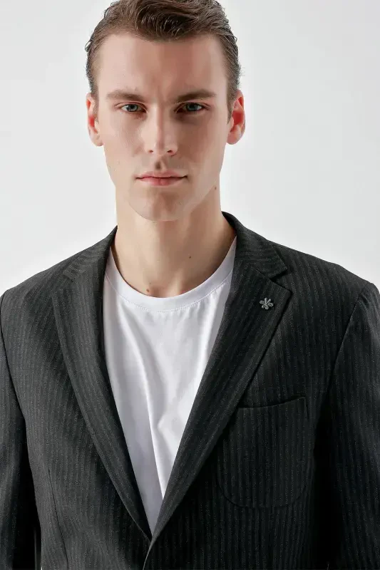 Modazone Erkak Lacivert Poliviskon Trend Chiziqli Desen Slim Fit Mono Yoqa Takım Elbise - 6