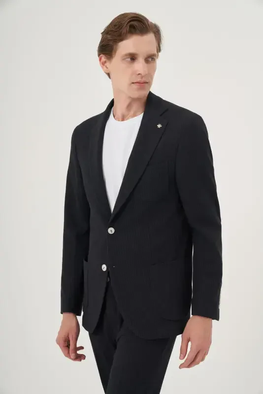 Modazone Erkak Lacivert Poliviskon Trend Chiziqli Slim Fit Mono Yoqa Takim Kostyum - MORVEN