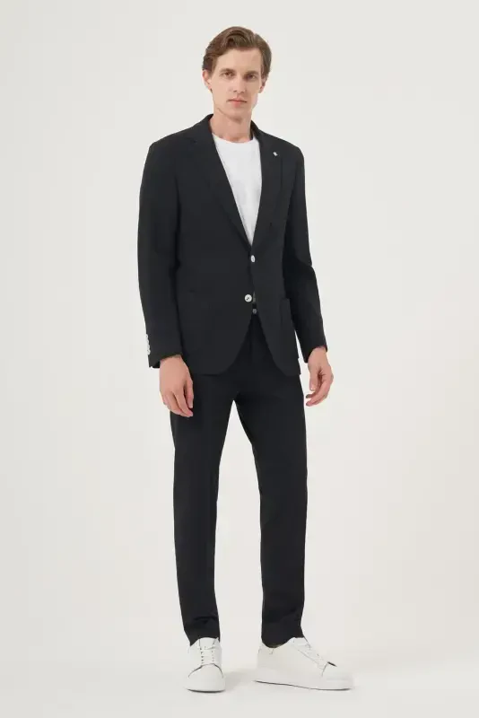 Modazone Erkak Lacivert Poliviskon Trend Chiziqli Slim Fit Mono Yoqa Takim Kostyum - 4