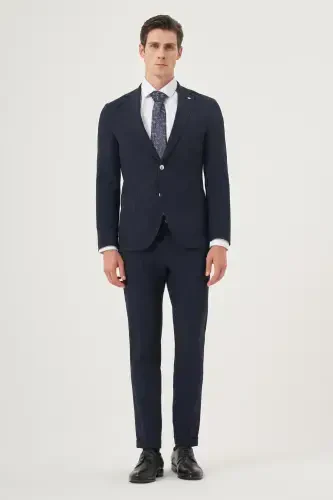 Modazone Erkak Lacivert Poliviskon Trend Chiziqli Slim Fit Mono Yoqa Takim Kostyum - 3