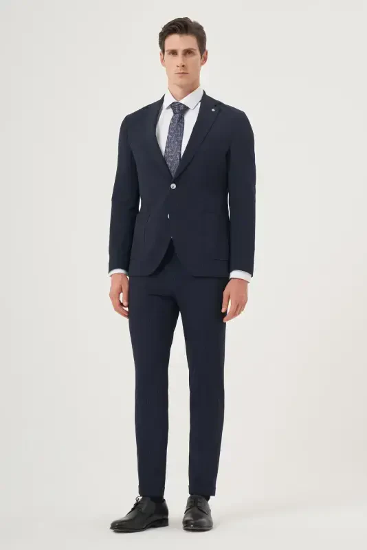 Modazone Erkak Lacivert Poliviskon Trend Chiziqli Slim Fit Mono Yoqa Takim Kostyum - 4