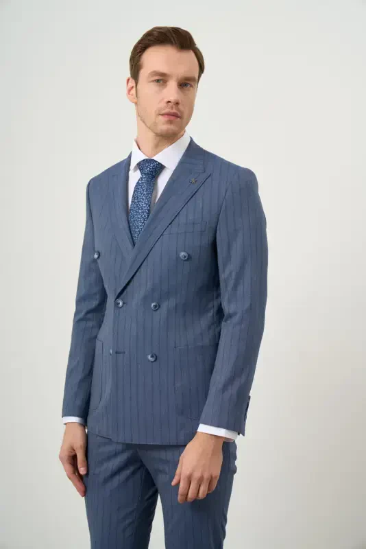 Modazone Erkak Lacivert Poliviskon Trend Kruvaze Slim Fit Sivri Yaka Takım Elbise - 3