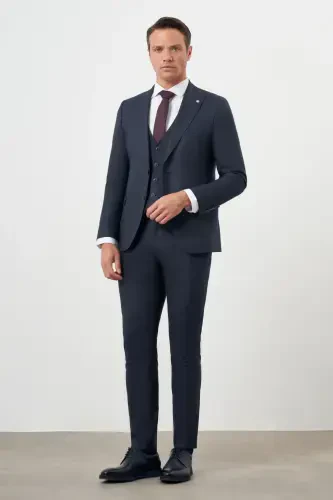 Modazone Erkak Lacivert Poliviskon Trend Yelekli Chiziqli Desen Slim Fit Sivri Yaka Takim Elbise - MORVEN (1)