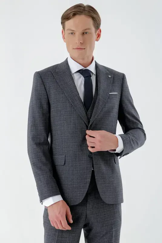 Modazone Erkak Lacivert Poliviskon Trend Yelekli Ekoseli Slim Fit Sivri Yaka Takım Elbise - 3