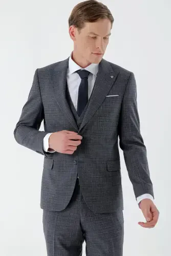 Modazone Erkak Lacivert Poliviskon Trend Yelekli Ekoseli Slim Fit Sivri Yaka Takım Elbise - 4