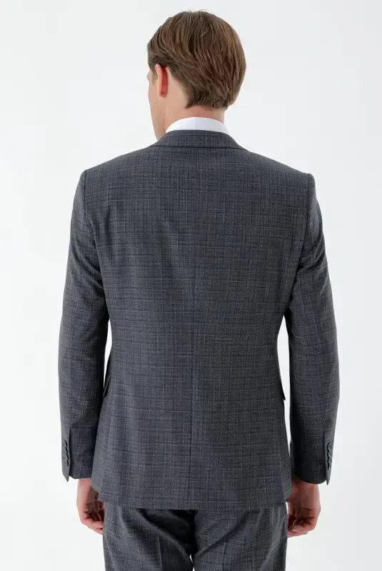 Modazone Erkak Lacivert Poliviskon Trend Yelekli Ekoseli Slim Fit Sivri Yaka Takım Elbise - 6