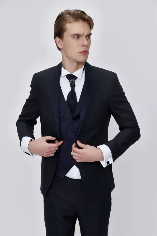 Modazone Erkak lacivert Santos Chiqma Yaka Slim Fit Damatlik - 4