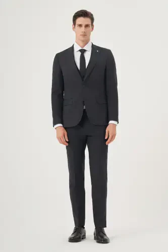 Modazone Erkak Lochivard Polivisqon Trend Naqshli Slim Fit Uchli Yoqali Nimchali Kostyum - 6