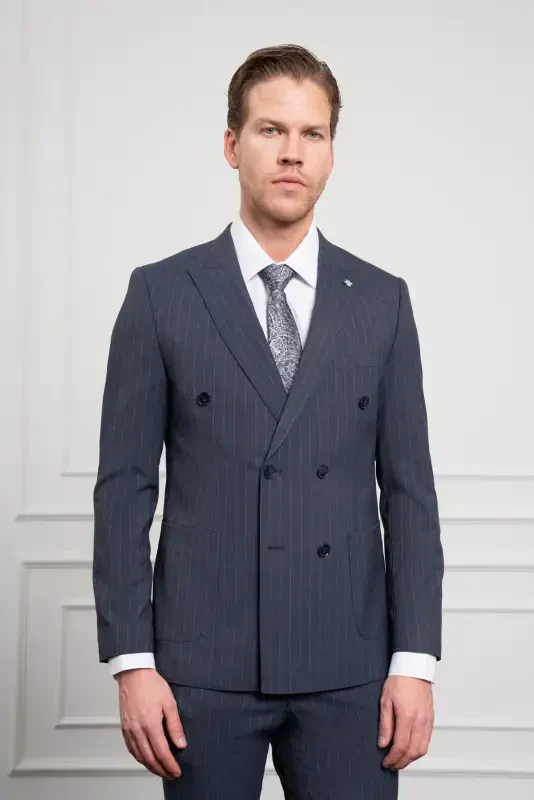 Modazone Erkak Lochivert Trend Slim Fit Sivri Yoqa Kruvaze Takım Elbise - 1