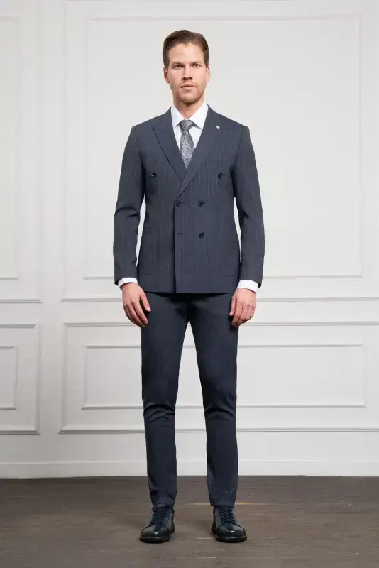 Modazone Erkak Lochivert Trend Slim Fit Sivri Yoqa Kruvaze Takım Elbise - 2