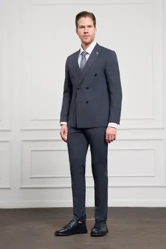 Modazone Erkak Lochivert Trend Slim Fit Sivri Yoqa Kruvaze Takım Elbise - 3