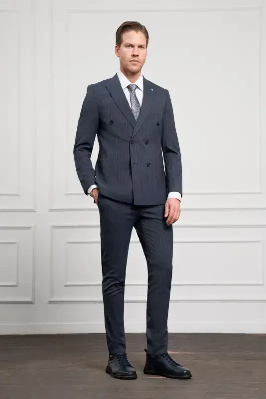 Modazone Erkak Lochivert Trend Slim Fit Sivri Yoqa Kruvaze Takım Elbise - 4