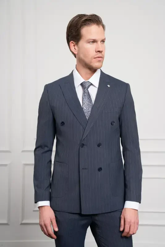 Modazone Erkak Lochivert Trend Slim Fit Sivri Yoqa Kruvaze Takım Elbise - 5