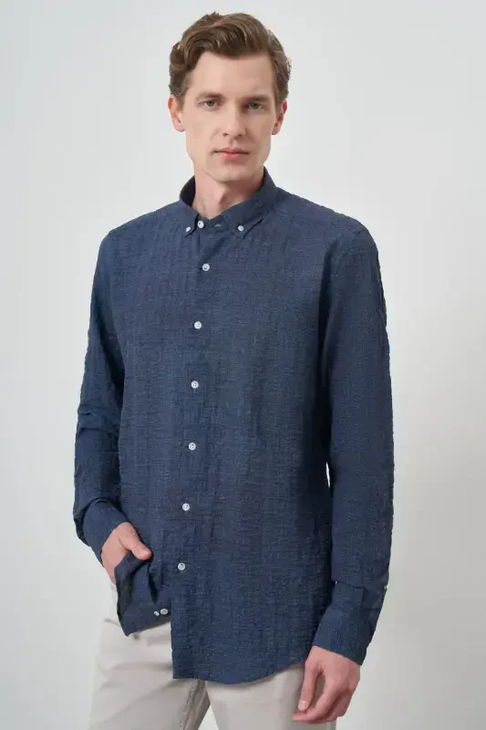 Modazone Erkak Lochivut Paxta Trend Slim Fit Tugmali Yoqa Ko'ylak - 1