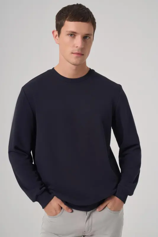 Modazone Erkak Moviy Asosiy Velosiped Yoqali Sweatshirt - 1