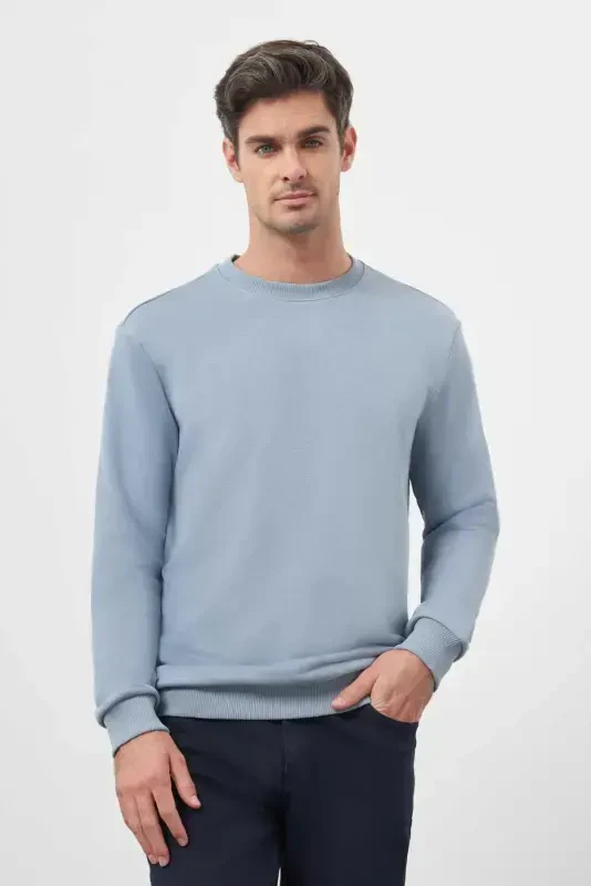 Modazone Erkak Moviy Basic Velosiped Yoqali Sweat-Shirt - 1