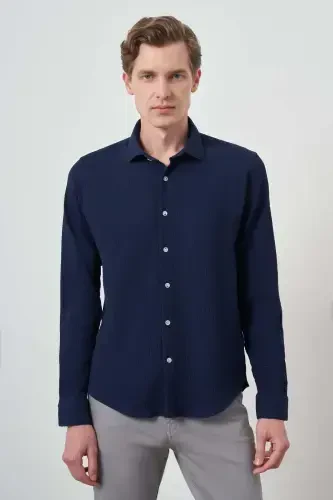 Modazone Erkak Moviy Gofre Trend Naqshli Dynamic Fit Italyan Yoqali Ko'ylak 