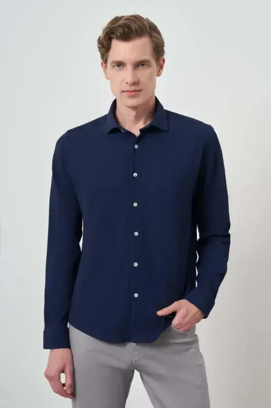 Modazone Erkak Moviy Gofre Trend Naqshli Dynamic Fit Italyan Yoqali Ko'ylak - 3