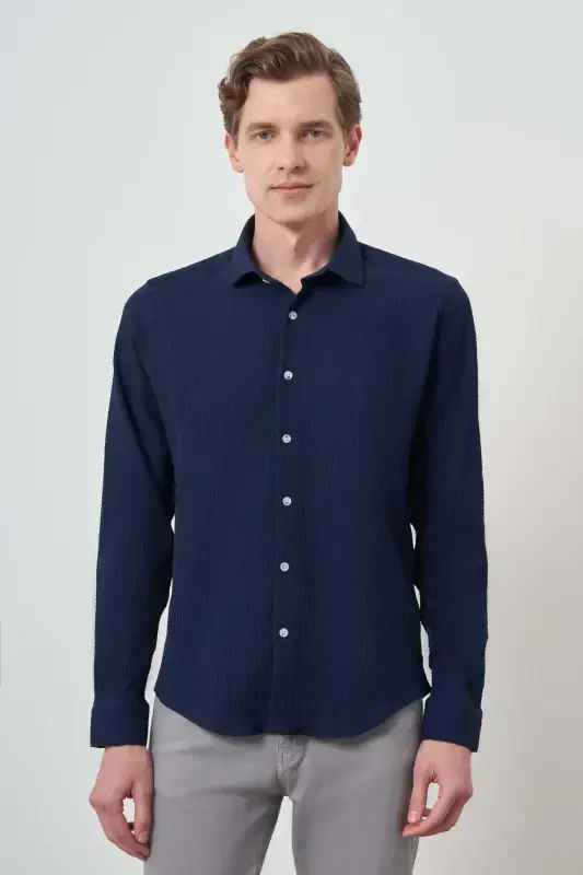 Modazone Erkak Moviy Gofre Trend Naqshli Dynamic Fit Italyan Yoqali Ko'ylak - 4