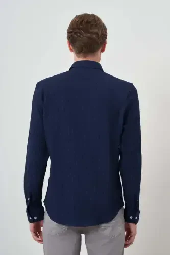 Modazone Erkak Moviy Gofre Trend Naqshli Dynamic Fit Italyan Yoqali Ko'ylak - 5