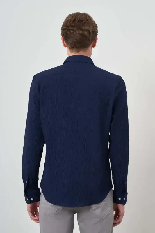 Modazone Erkak Moviy Gofre Trend Naqshli Dynamic Fit Italyan Yoqali Ko'ylak - 5