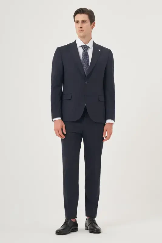 Modazone Erkak Moviy Jun Trend Ekoseli Slim Fit Uchli Yoqali Kostyum - 2