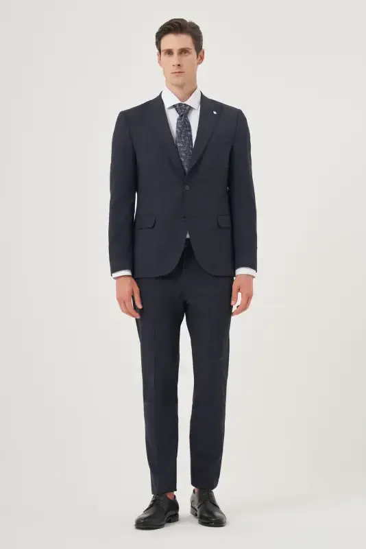 Modazone Erkak Moviy Jun Trend Ekoseli Slim Fit Uchli Yoqali Kostyum - 3