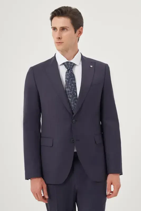 Modazone Erkak Moviy Junli 8-Drop Trend Chiziqli Slim Fit Uchli Yoqali Kostyum - MORVEN