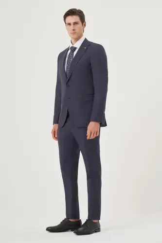 Modazone Erkak Moviy Junli 8-Drop Trend Chiziqli Slim Fit Uchli Yoqali Kostyum - 4