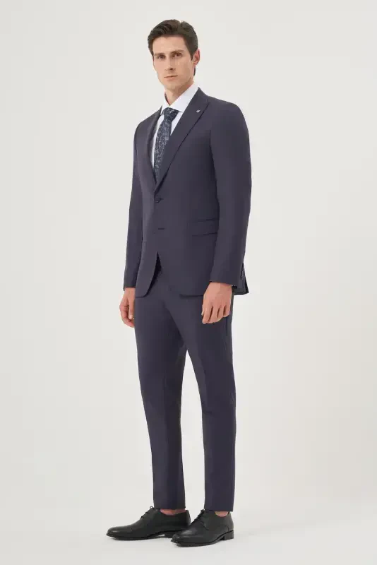 Modazone Erkak Moviy Junli 8-Drop Trend Chiziqli Slim Fit Uchli Yoqali Kostyum - 4