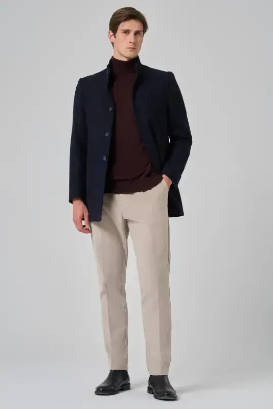 Modazone Erkak Moviy junli tekis Dynamic Fit Hokim yoqali Palto - 2