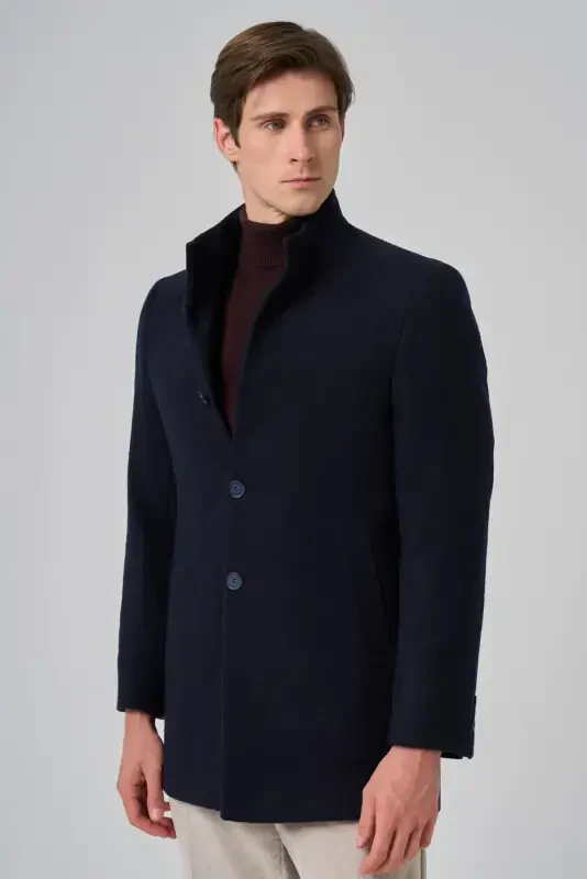 Modazone Erkak Moviy junli tekis Dynamic Fit Hokim yoqali Palto - 4