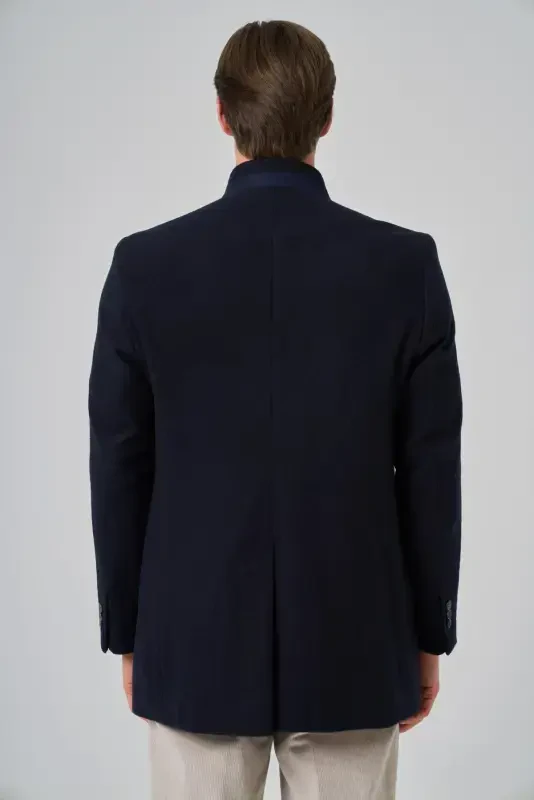 Modazone Erkak Moviy junli tekis Dynamic Fit Hokim yoqali Palto - 5