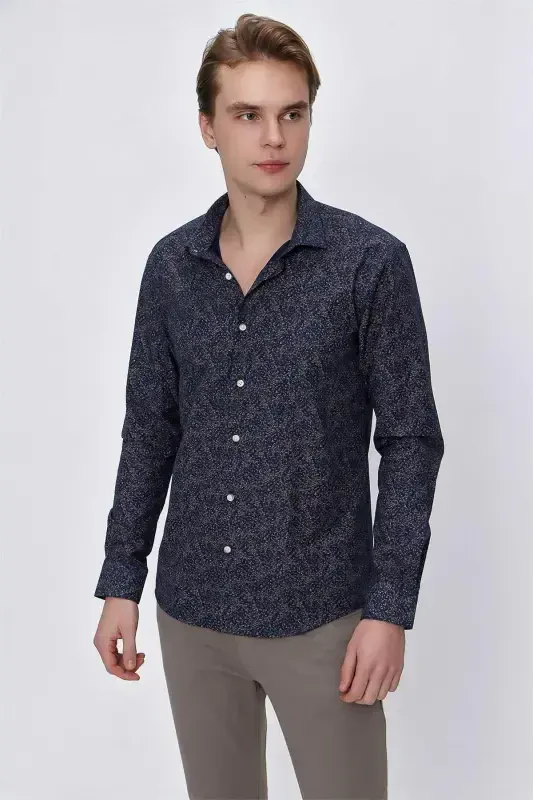 Modazone Erkak Moviy Microcotton Bosmali Slim Fit Ko'ylak - 3